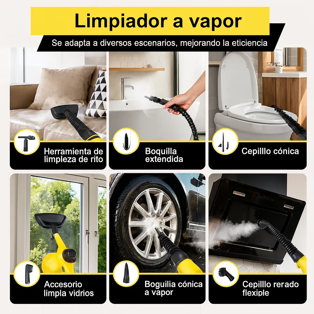Accesorios y usos del limpiador a vapor: baño, cristales, ruedas y horno